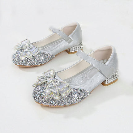 Girls Sequin Bow Shoes Crystal Princess Non Slip Fashion Faux Leather Shoes