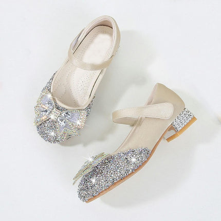 Girls Sequin Bow Shoes Crystal Princess Non Slip Fashion Faux Leather Shoes