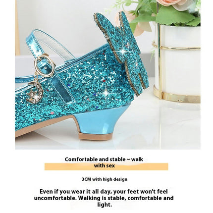 High Fashion Faux Leather Heels Girls Crystal Bling Butterfly Princess Shoes