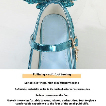 High Fashion Faux Leather Heels Girls Crystal Bling Butterfly Princess Shoes