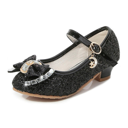 Flower Girl Faux Leather Shoes Girls Bow Princess Crystal Shoes