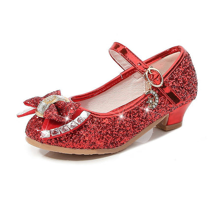 Flower Girl Faux Leather Shoes Girls Bow Princess Crystal Shoes