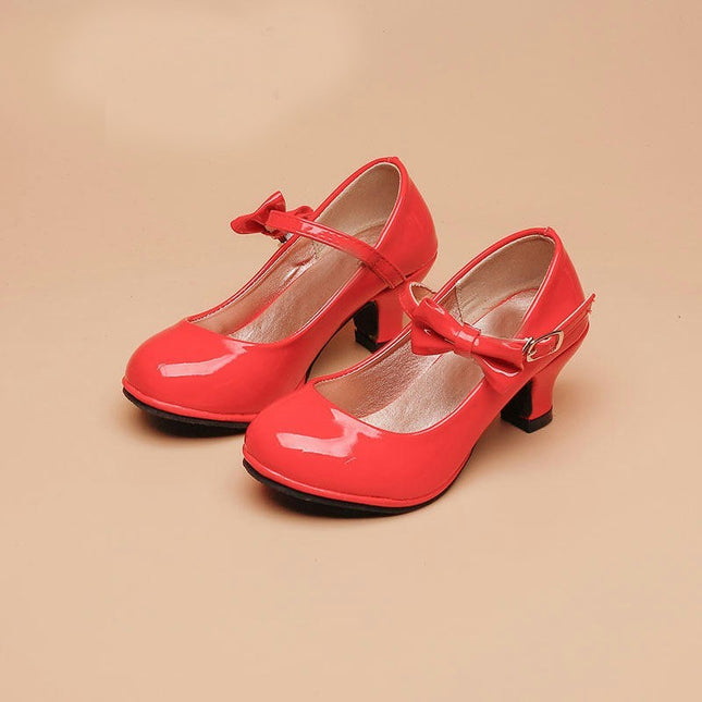 Girls' Princess High Heel Faux Leather Shoes with Ankle Strap & Bow