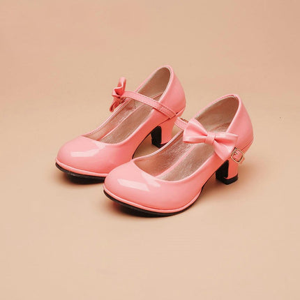 Girls' Princess High Heel Faux Leather Shoes with Ankle Strap & Bow