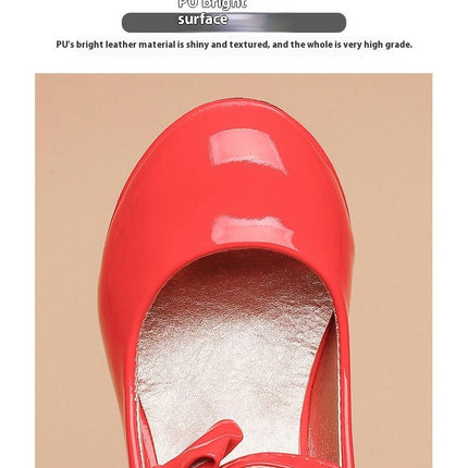 Girls' Princess High Heel Faux Leather Shoes with Ankle Strap & Bow