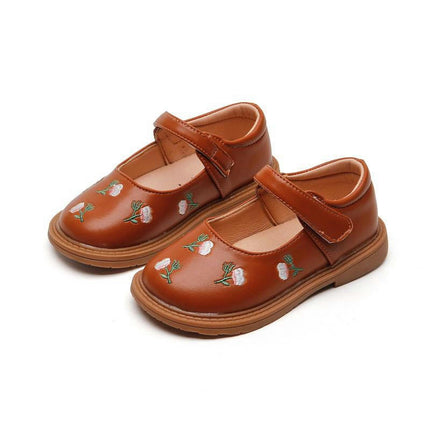 Girls Faux Leather Flower Embroidery Soft Round Toe Princess Dress Flat Shoes