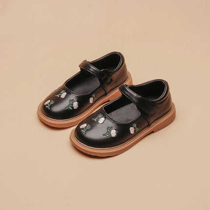 Girls Faux Leather Flower Embroidery Soft Round Toe Princess Dress Flat Shoes
