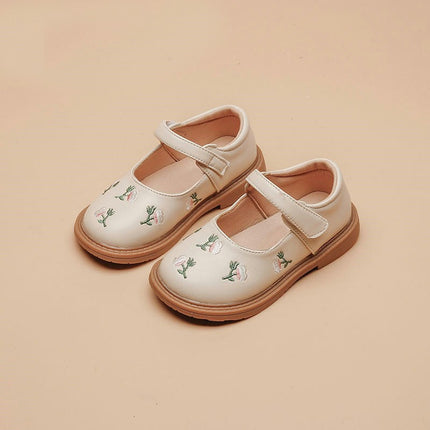 Girls Faux Leather Flower Embroidery Soft Round Toe Princess Dress Flat Shoes