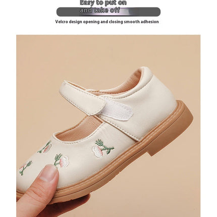 Girls Faux Leather Flower Embroidery Soft Round Toe Princess Dress Flat Shoes
