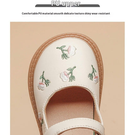 Girls Faux Leather Flower Embroidery Soft Round Toe Princess Dress Flat Shoes