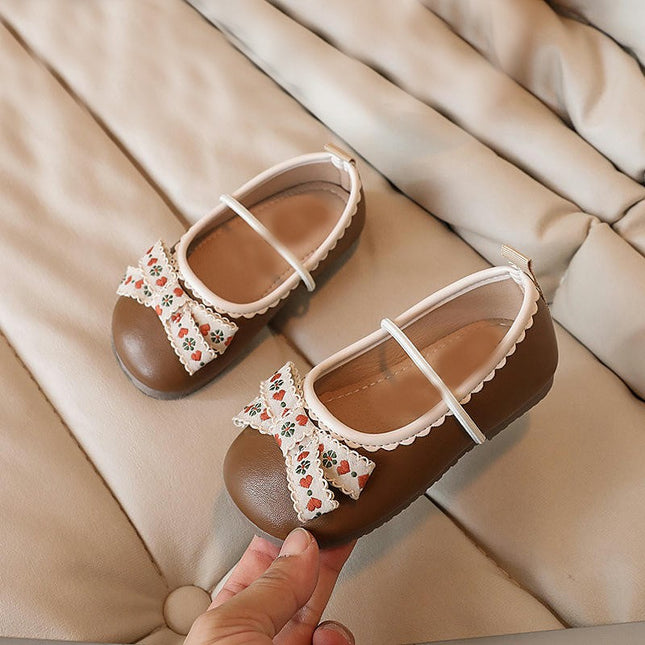 Girls Bow Ballerina Flats Shoes School Party Dress Faux Leather Shoes