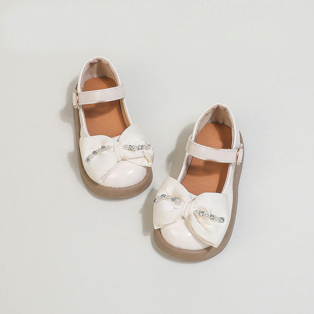 Little Girls Dress Shoes Pearl Bowknot Velcro Party Wedding Flats Faux Leather Shoes