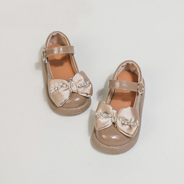 Little Girls Dress Shoes Pearl Bowknot Velcro Party Wedding Flats Faux Leather Shoes