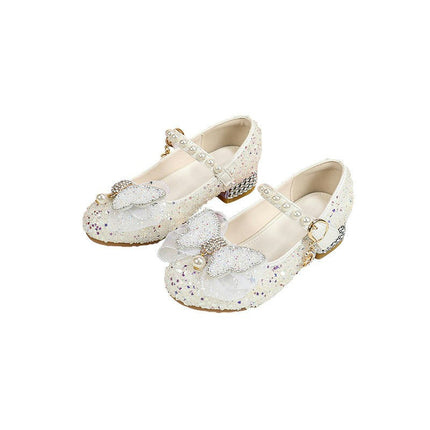 Girls Butterfly Performance Faux Leather Shoes Pearl Rhinestones Shining Princess Shoes
