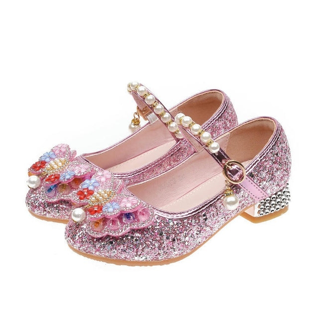 Girls Glitter Flower Wedding Flower Girl Heel Party Princess Faux Leather Shoes