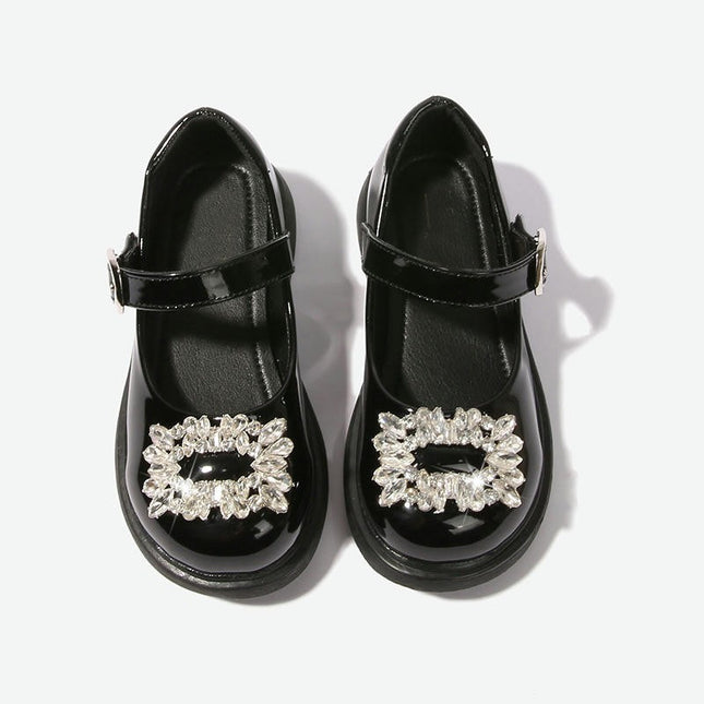 Girls Rhinestones Design Soft Round Toe Princess Dress Flat Faux Leather Shoes