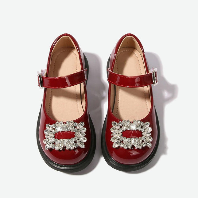 Girls Rhinestones Design Soft Round Toe Princess Dress Flat Faux Leather Shoes