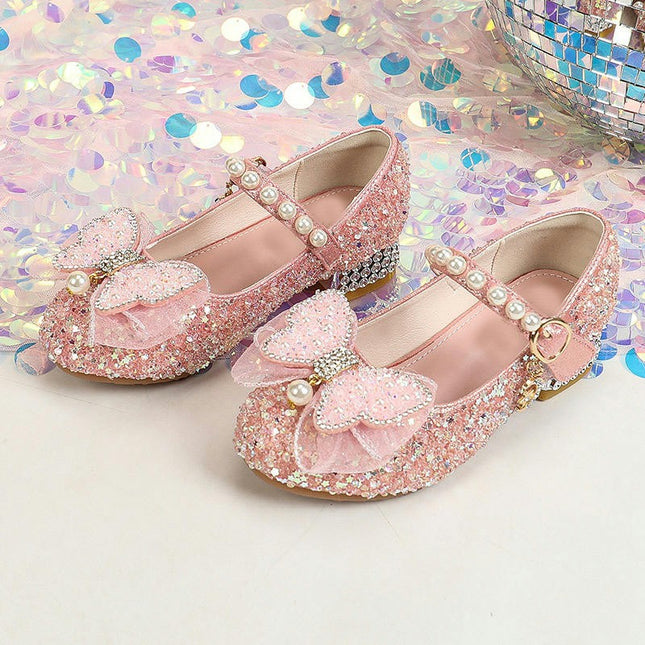 Round Toe Heels Butterfly Flower Girl Wedding Party Princess Faux Leather Shoes for Kid