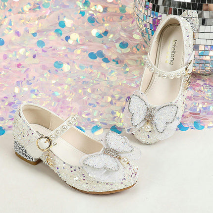 Round Toe Heels Butterfly Flower Girl Wedding Party Princess Faux Leather Shoes for Kid