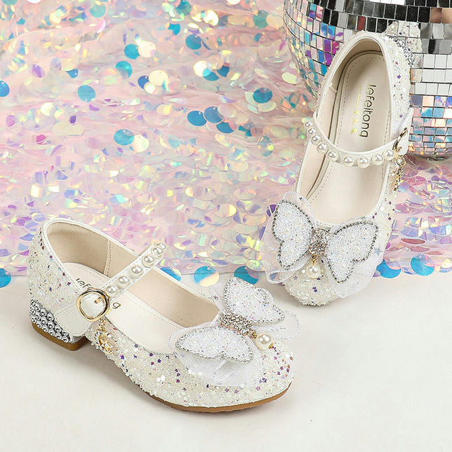 Round Toe Heels Butterfly Flower Girl Wedding Party Princess Faux Leather Shoes for Kid