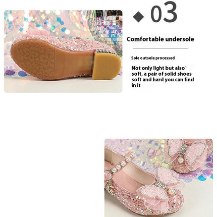 Round Toe Heels Butterfly Flower Girl Wedding Party Princess Faux Leather Shoes for Kid