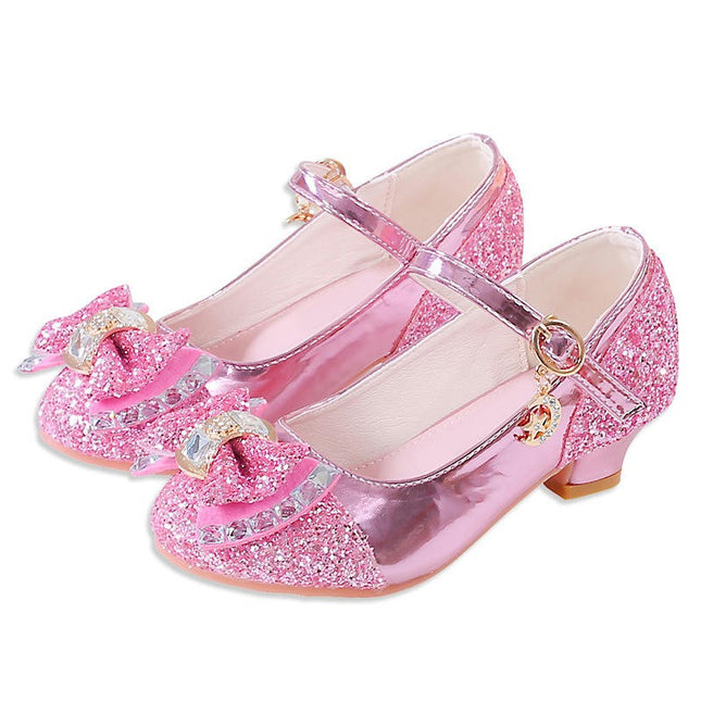 Flower Girls Wedding Party Heel Glitter Rhinestone Princess Faux Leather Shoes