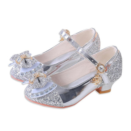 Flower Girls Wedding Party Heel Glitter Rhinestone Princess Faux Leather Shoes