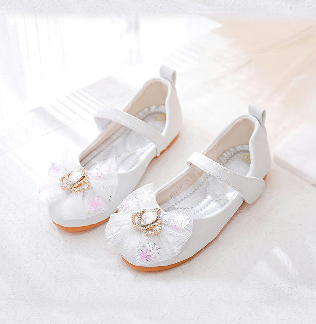 Girl Faux Leather Shoes Performance Dance Shoes for Girls Mesh Bow Shoes