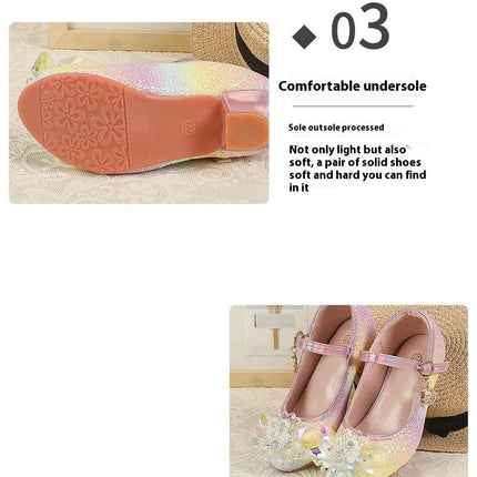 Girl Faux Leather Shoes with Rhinestones Princess Glitter Flower Dress Pump Shoes