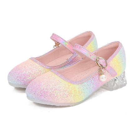 Girls Princess Faux Leather Shoes Party Sparkle Wedding Dress Low Chunky Heel Shoes