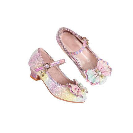 Girls Diamond Princess Faux Leather Shoes Bow High Heels Show Princess Shoes