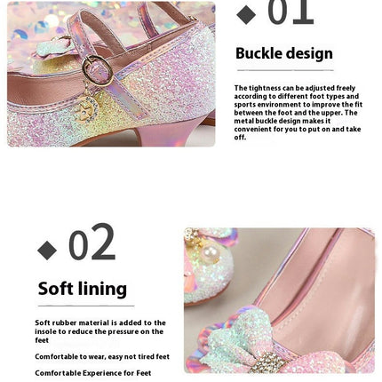 Girls Diamond Princess Faux Leather Shoes Bow High Heels Show Princess Shoes