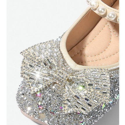 Girls Performance Flat Pearl Crystal Shoes Bow Princess Faux Leather Shoes