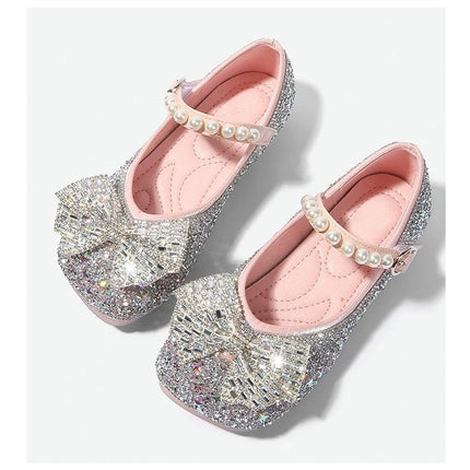 Girls Performance Flat Pearl Crystal Shoes Bow Princess Faux Leather Shoes