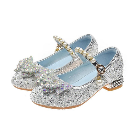 Girls Princess Bow Knot Pearl Faux Leather Dance Performance Shoes