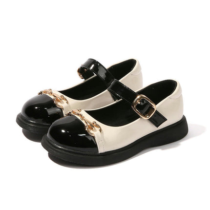 Girls Faux Leather Shoes Color Block Dress Flat Flower Girl School Party Shoes