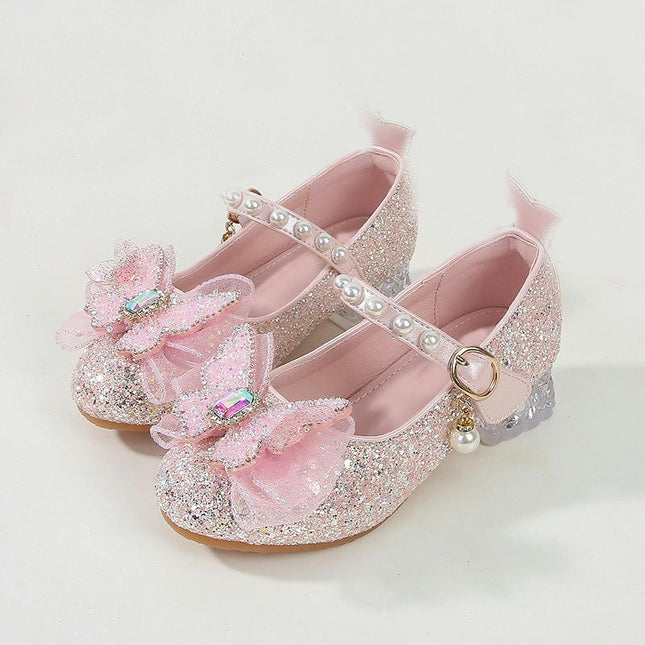 Girls Princess Shoes Sequins Sweet Bows High Heel Wedding Party Faux Leather Shoes