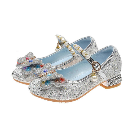 Girls Princess Faux Leather Shoes With Diamond Shiny Shoes Bow High Heels Show Shoes