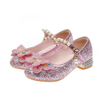 Girls Princess Faux Leather Shoes With Diamond Shiny Shoes Bow High Heels Show Shoes