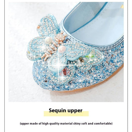 Girls Princess Faux Leather Shoes With Diamond Shiny Shoes Bow High Heels Show Shoes