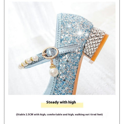 Girls Princess Faux Leather Shoes With Diamond Shiny Shoes Bow High Heels Show Shoes