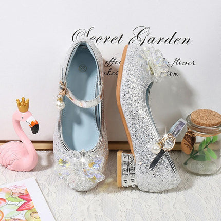Girls Princess Faux Leather Shoes Fashion High Heels Princess Bowknot Pearl Shoes