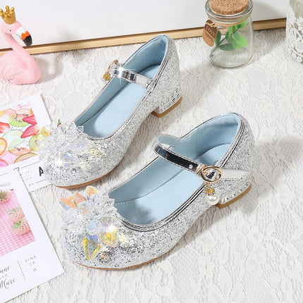 Girls Princess Faux Leather Shoes Fashion High Heels Princess Bowknot Pearl Shoes