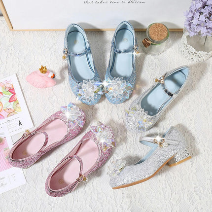 Girls Princess Faux Leather Shoes Fashion High Heels Princess Bowknot Pearl Shoes