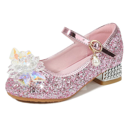Girls Princess Faux Leather Shoes Fashion High Heels Princess Bowknot Pearl Shoes
