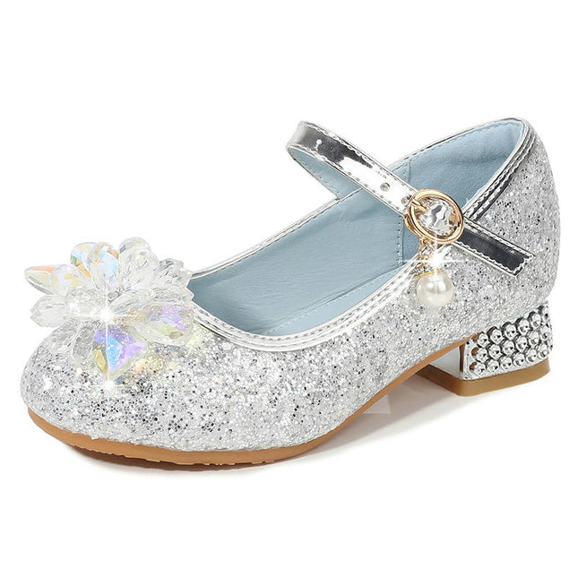 Girls Princess Faux Leather Shoes Fashion High Heels Princess Bowknot Pearl Shoes