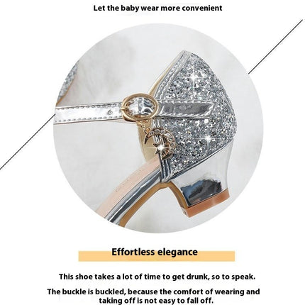 High Heels Shoes for Girls Performance Wedding Crystal Princess Faux Leather Shoes