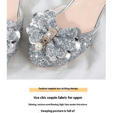 High Heels Shoes for Girls Performance Wedding Crystal Princess Faux Leather Shoes