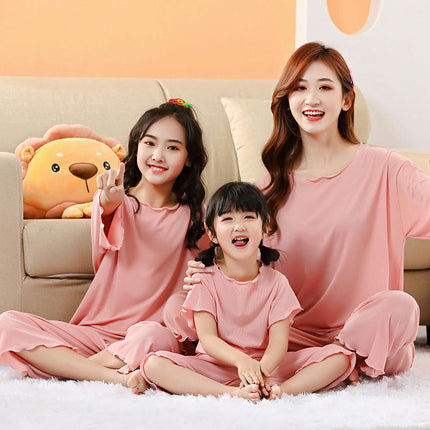 Family Short Sleeve Pajama Set-Imitation Ice Silk Summer Mom and Daughter Home Clothes Set