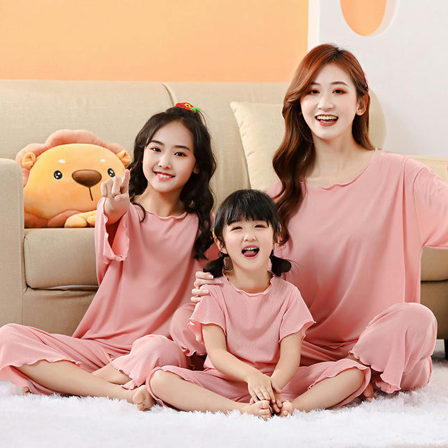 Family Short Sleeve Pajama Set-Imitation Ice Silk Summer Mom and Daughter Home Clothes Set
